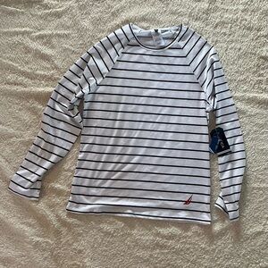 White and Black Striped Long Sleeve Swim Shirt